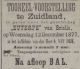 Advertentie toneelvoorstelling met daarna bal in koffiehuis van A. van Dijk (1877).