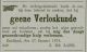 Advertentie van Jan de Lang dat hij vanwege gezondheidsredenen geen verloskunde meer doet (1878).